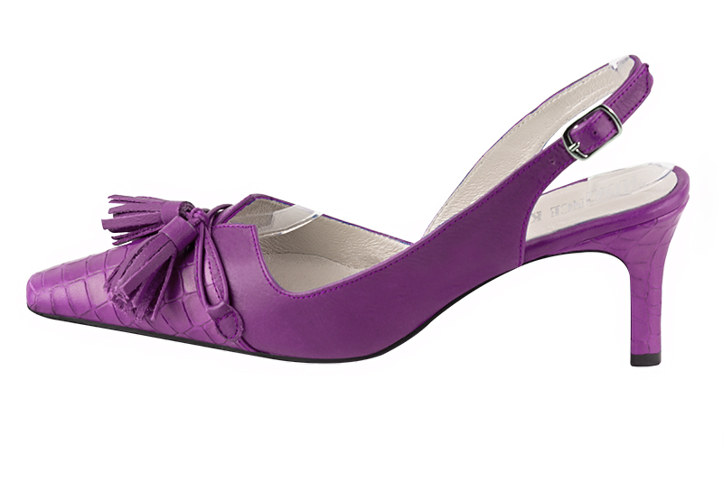 Mauve purple women's open back shoes, with a knot. Tapered toe. Medium slim heel. Profile view - Florence KOOIJMAN